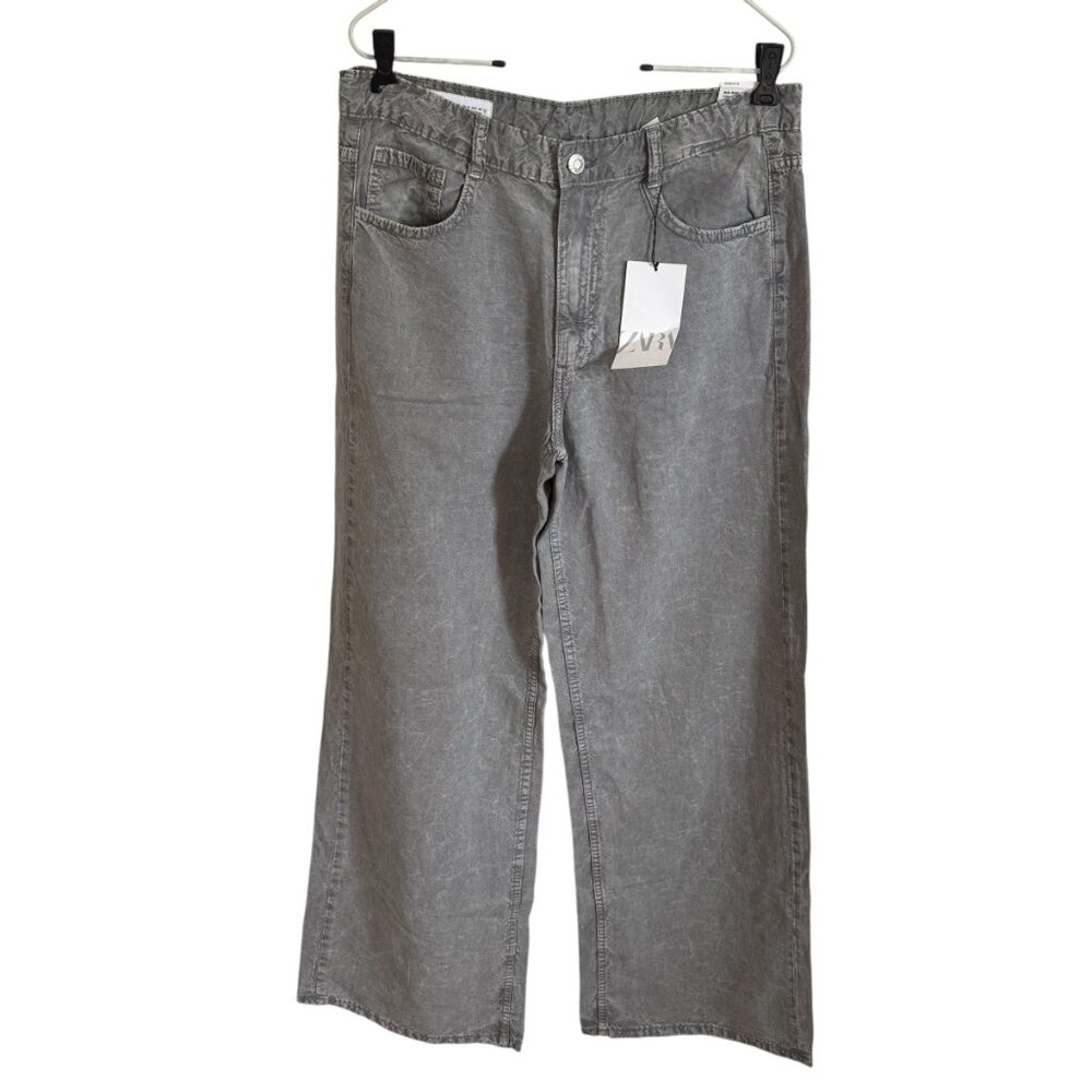 Zara Faux Denim Wide Leg Pants Gray Linen Blend BNWT Lightweight Size 6